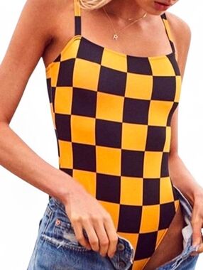 NWT Solid & Striped X Re/Done Yellow Black Checkerboard One-Piece Swim Suit